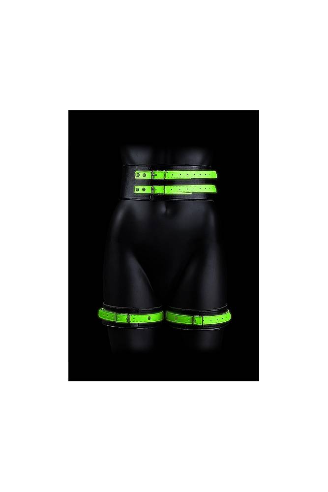 Ouch by Shots Toys - Thigh Cuffs with Belt and Handcuffs - Glow in the Dark - Stag Shop
