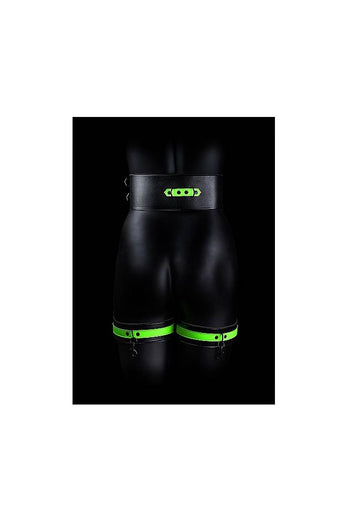 Ouch by Shots Toys - Thigh Cuffs with Belt and Handcuffs - Glow in the Dark - Stag Shop