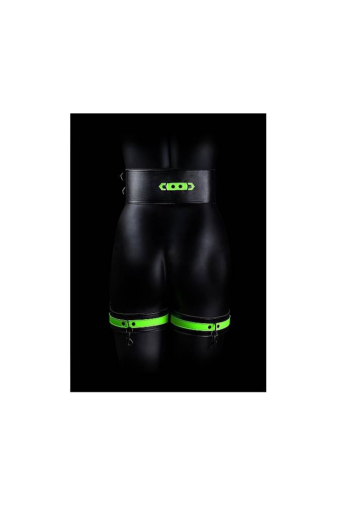 Ouch by Shots Toys - Thigh Cuffs with Belt and Handcuffs - Glow in the Dark - Stag Shop