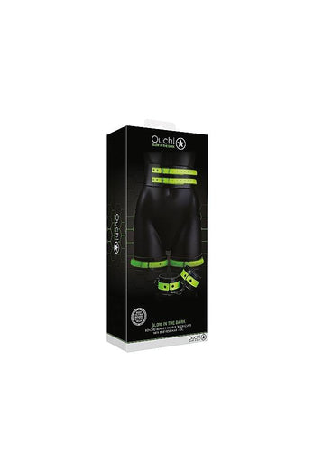 Ouch by Shots Toys - Thigh Cuffs with Belt and Handcuffs - Glow in the Dark - Stag Shop