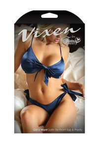 Thumbnail for Fantasy Lingerie - V742 - Girl U Want Satin Tie Front Top & Panty - Navy - Stag Shop