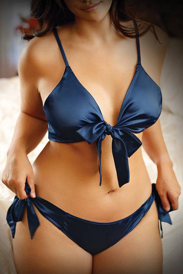 Fantasy Lingerie - V742Q - Girl U Want Satin Tie Front Top & Panty - Navy - Queen Size - Stag Shop