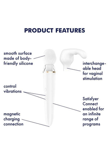 Satisfyer - Double Wand-er - Massage Wand & Attachments - White/Gold - Stag Shop