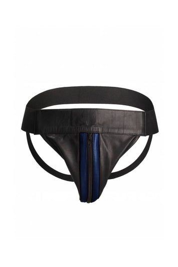 Ouch by Shots Toys - Premium Leather Zipper Front Jock Strap - Black/Blue - Stag Shop