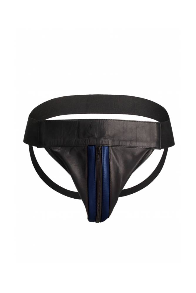 Ouch by Shots Toys - Premium Leather Zipper Front Jock Strap - Black/Blue - Stag Shop