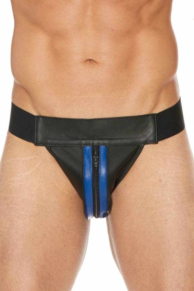 Ouch by Shots Toys - Premium Leather Zipper Front Jock Strap - Black/Blue - Stag Shop