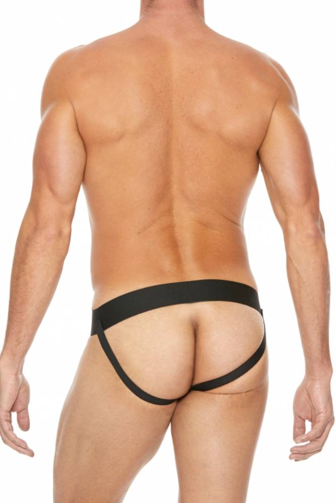 Ouch by Shots Toys - Premium Leather Zipper Front Jock Strap - Black/Blue - Stag Shop
