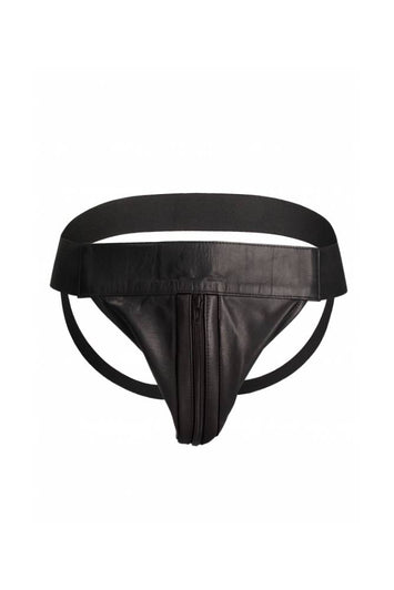Ouch by Shots Toys - Premium Leather Zipper Front Jock Strap - Black - Stag Shop