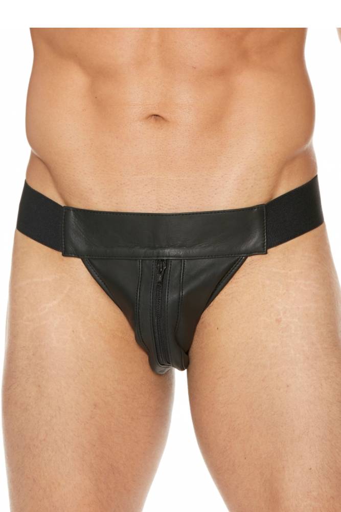 Ouch by Shots Toys - Premium Leather Zipper Front Jock Strap - Black - Stag Shop