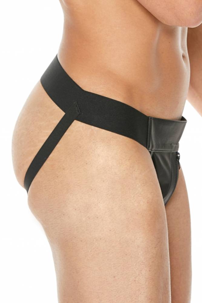 Ouch by Shots Toys - Premium Leather Zipper Front Jock Strap - Black/Blue - Stag Shop