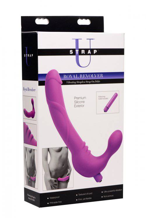 XR Brands - Strap U - Royal Revolver Vibrating Strapless Silicone Strap On Dildo - Purple - Stag Shop