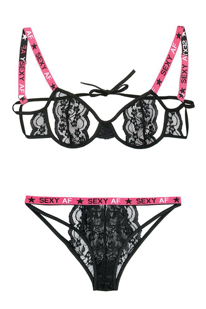 Fantasy Lingerie - AF821 - Sexy AF Cutout Bra & Panty Set - Black/Pink - Stag Shop
