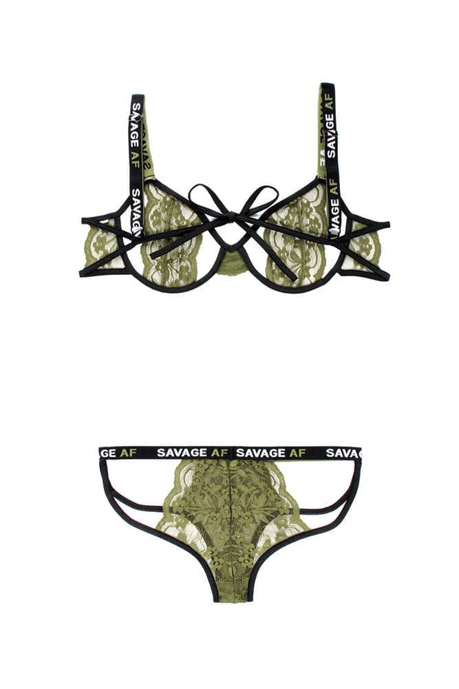 Fantasy Lingerie - AF900 - Savage AF Cutout Bra & Caged Panty - Olive/Black - Stag Shop
