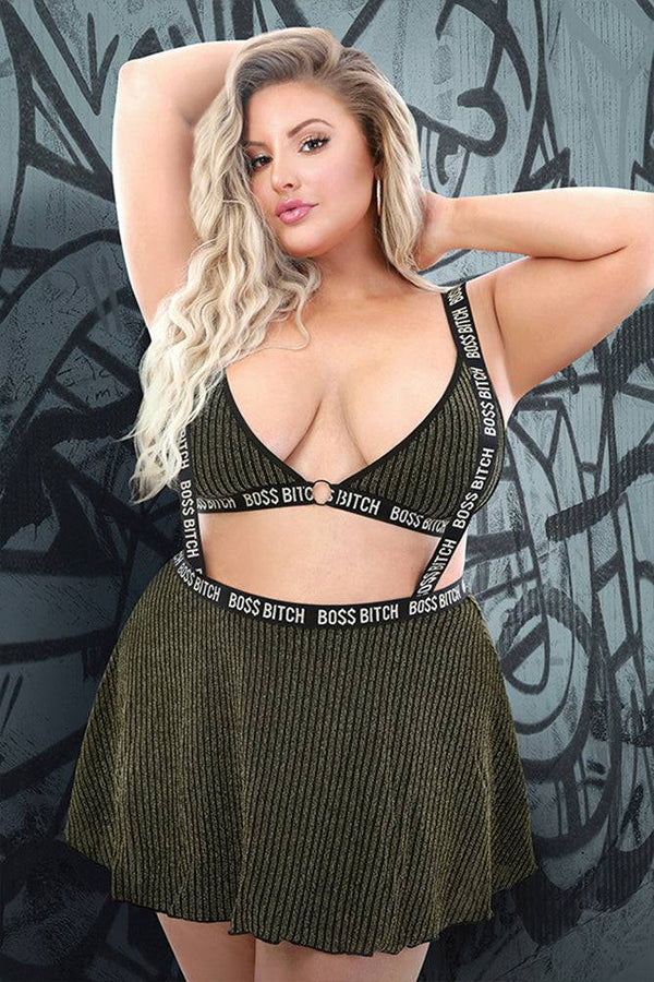 Fantasy Lingerie - AF911 - BOSS Bitch Suspender Skirt - Black/Gold - Queen Size - Stag Shop