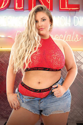 Fantasy Lingerie - AF924 - Extra Spicy Halter Bralette & Cheeky Panty - Red/Black - Queen Size - Stag Shop
