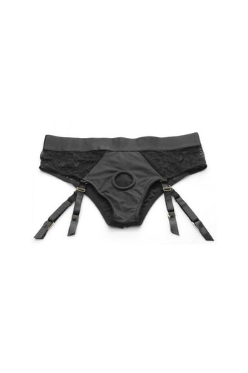 XR Brands - Strap U - Laced Seductress Crotchless Panty Harness w/ Garter Straps - Black - S/M - Stag Shop