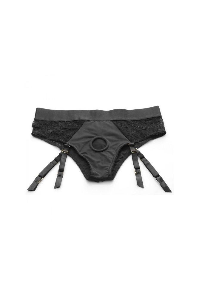 XR Brands - Strap U - Laced Seductress Crotchless Panty Harness w/ Garter Straps - Black - S/M - Stag Shop