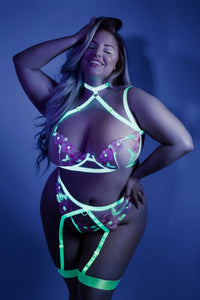 Thumbnail for Fantasy Lingerie - Glow - In a Trance Bra, Garter Belt & G-string - Neon Green - Queen Size - Stag Shop