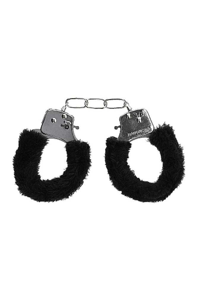 Ouch by Shots Toys - Black & White - Beginner's Furry Handcuffs with Quick Release Button - Black - Stag Shop