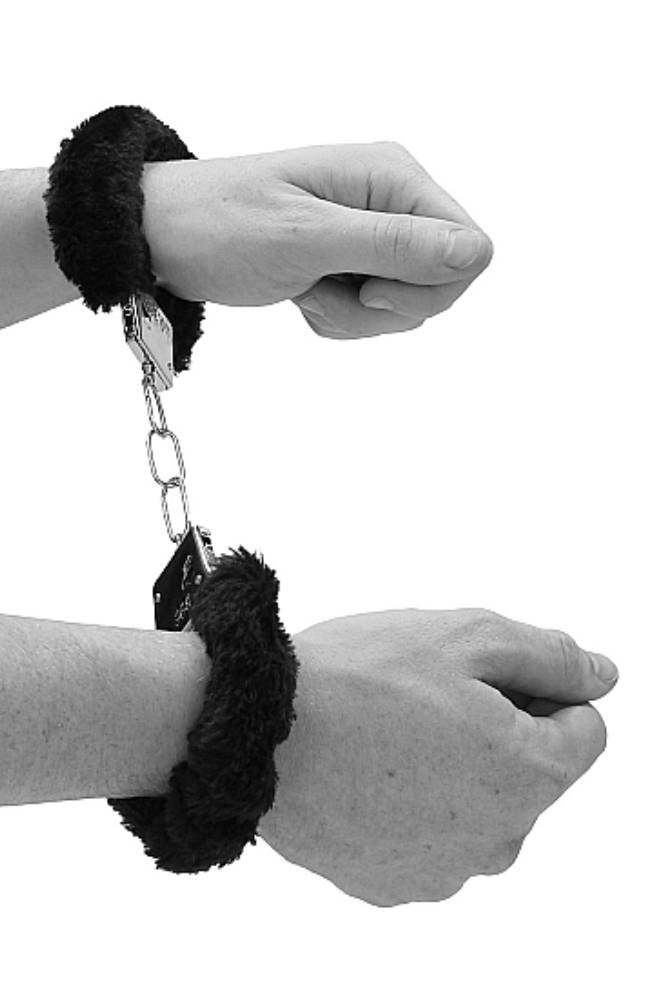 Ouch by Shots Toys - Black & White - Beginner's Furry Handcuffs with Quick Release Button - Black - Stag Shop