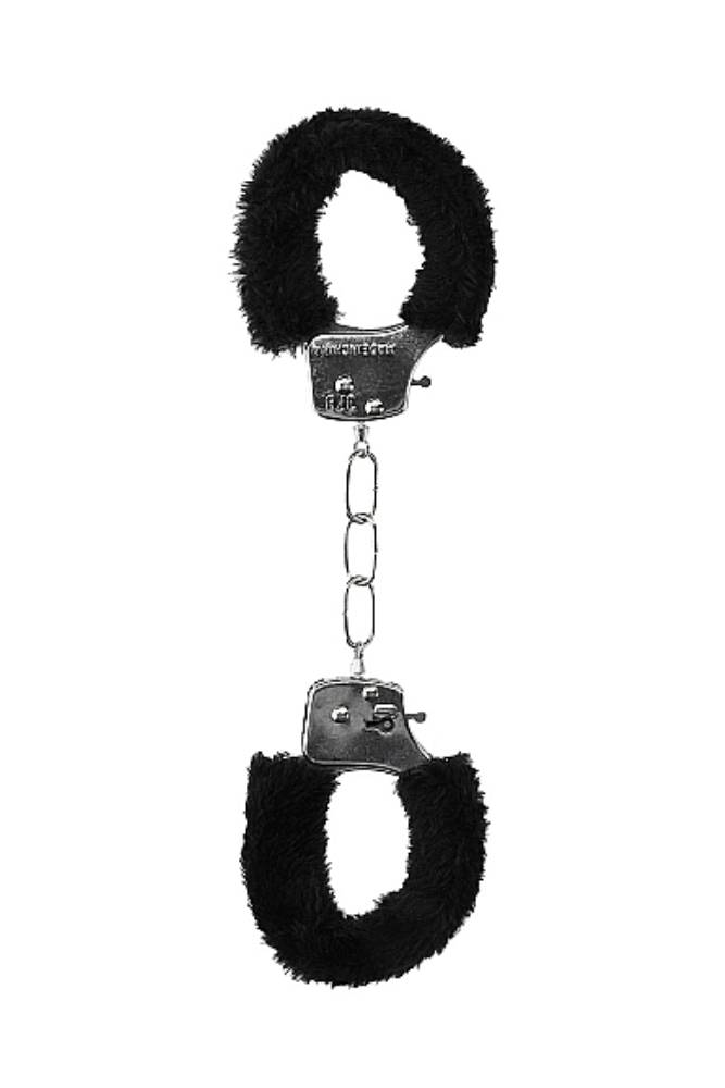 Ouch by Shots Toys - Black & White - Beginner's Furry Handcuffs with Quick Release Button - Black - Stag Shop