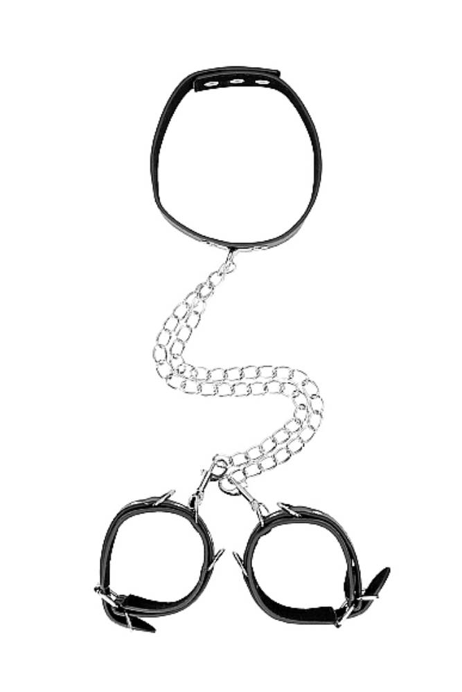 Ouch by Shots Toys - Black & White - Bonded Leather Collar with Hand Cuffs  - Black - Stag Shop