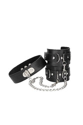 Ouch by Shots Toys - Black & White - Bonded Leather Collar with Hand Cuffs  - Black - Stag Shop