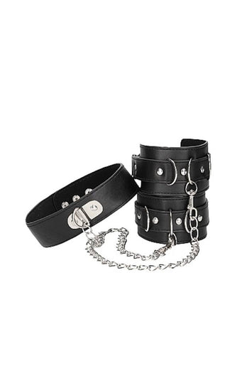 Ouch by Shots Toys - Black & White - Bonded Leather Collar with Hand Cuffs  - Black - Stag Shop