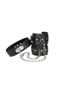 Thumbnail for Ouch by Shots Toys - Black & White - Bonded Leather Collar with Hand Cuffs  - Black - Stag Shop