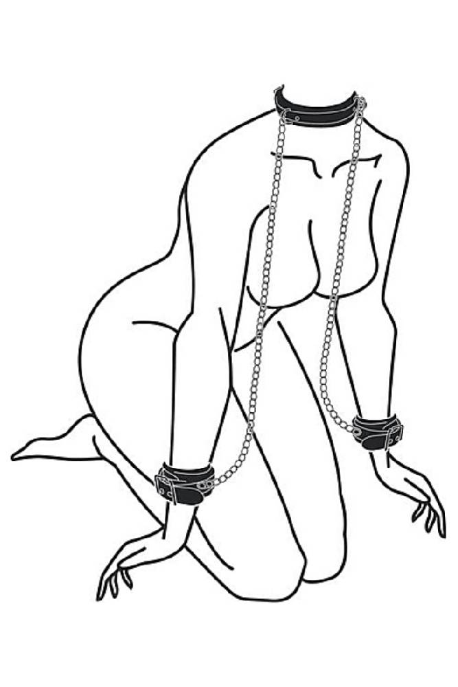 Ouch by Shots Toys - Black & White - Bonded Leather Collar with Hand Cuffs  - Black - Stag Shop