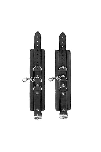 Ouch by Shots Toys - Black & White - Bonded Leather Collar with Hand Cuffs  - Black - Stag Shop