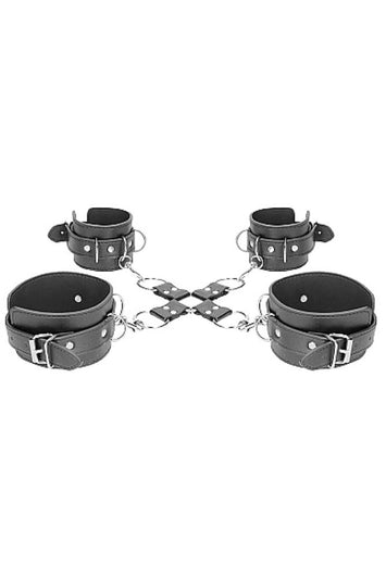 Ouch by Shots Toys - Black & White - Bonded Leather Hogtie with Hand & Ankle Cuffs - Black - Stag Shop
