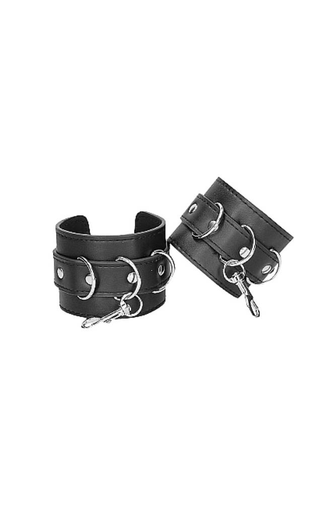 Ouch by Shots Toys - Black & White - Bonded Leather Hogtie with Hand & Ankle Cuffs - Black - Stag Shop