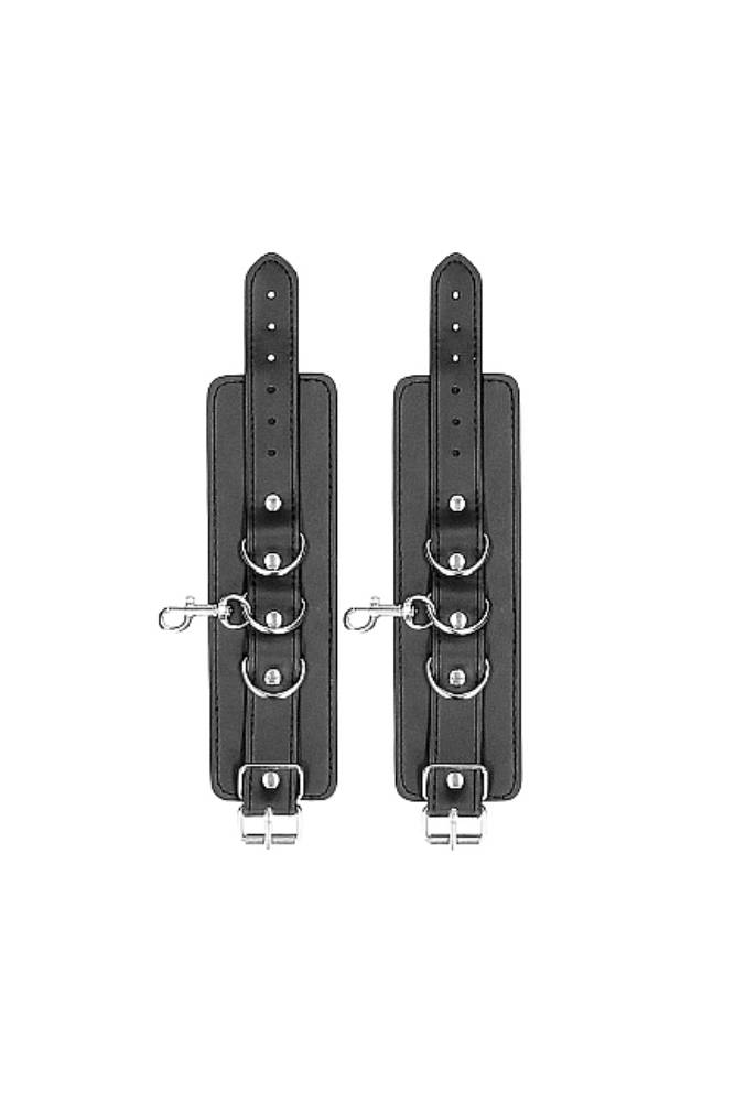 Ouch by Shots Toys - Black & White - Bonded Leather Hogtie with Hand & Ankle Cuffs - Black - Stag Shop