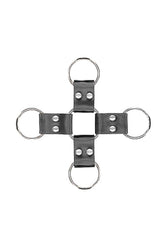Ouch by Shots Toys - Black & White - Bonded Leather Hogtie with Hand & Ankle Cuffs - Black - Stag Shop