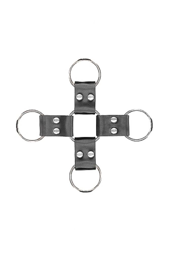 Ouch by Shots Toys - Black & White - Bonded Leather Hogtie with Hand & Ankle Cuffs - Black - Stag Shop