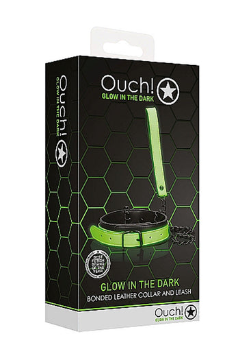 Ouch by Shots Toys - Bonded Leather Collar and Leash - Glow in the Dark - Stag Shop