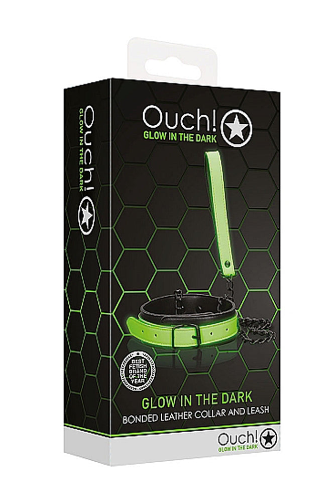 Ouch by Shots Toys - Bonded Leather Collar and Leash - Glow in the Dark - Stag Shop