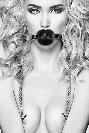 Ouch by Shots Toys - Black & White - Breathable Ball Gag with Nipple Clamps - Black - Stag Shop