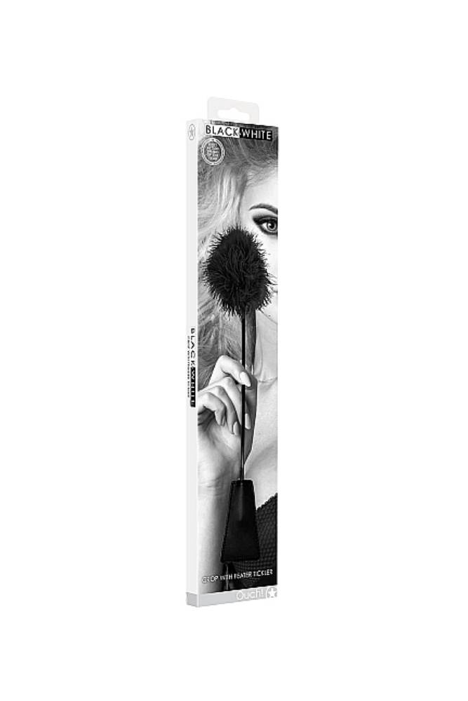 Ouch by Shots Toys - Black & White - Crop with Feather Tickler - Black - Stag Shop