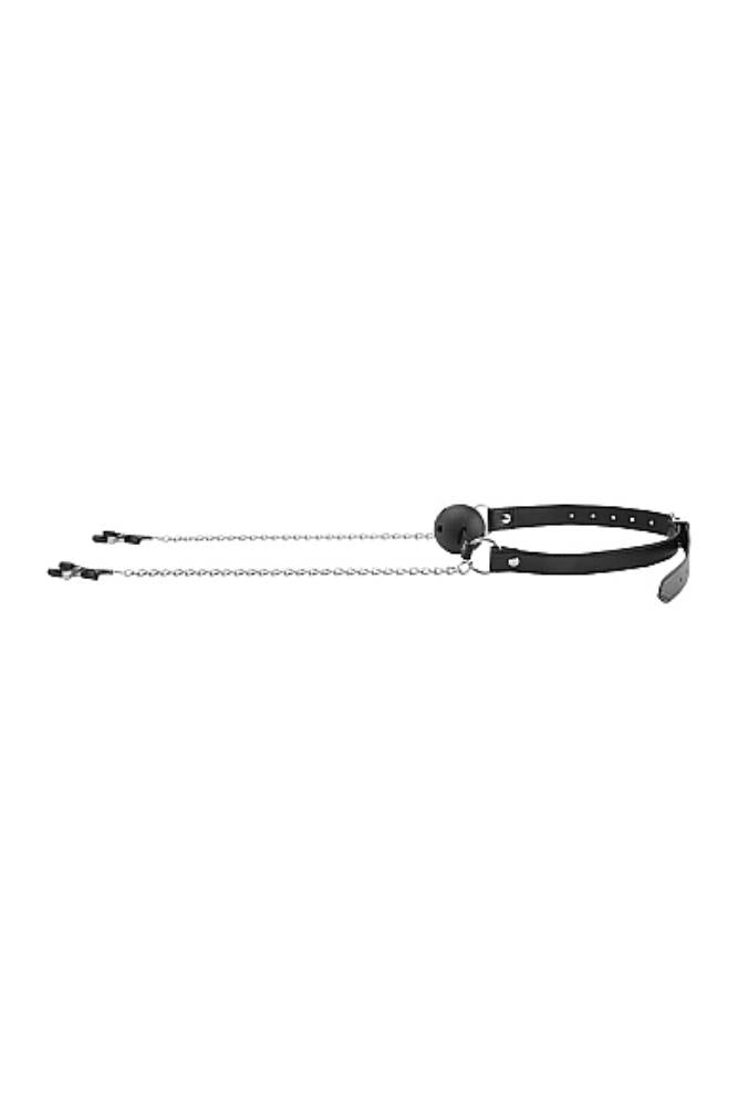 Ouch by Shots Toys - Black & White - Breathable Ball Gag with Nipple Clamps - Black - Stag Shop