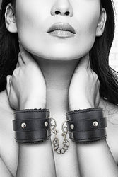 Ouch by Shots Toys - Black & White - Plush Adjustable Bonded Leather Wrist Cuffs - Black - Stag Shop