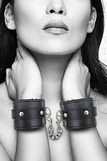Ouch by Shots Toys - Black & White - Plush Adjustable Bonded Leather Wrist Cuffs - Black - Stag Shop