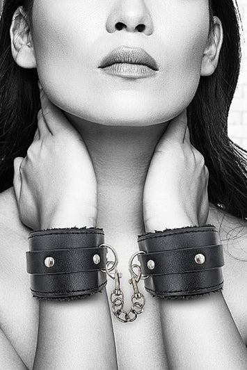 Ouch by Shots Toys - Black & White - Plush Adjustable Bonded Leather Wrist Cuffs - Black - Stag Shop