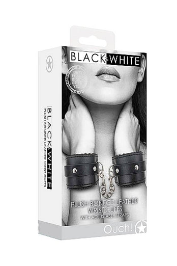 Ouch by Shots Toys - Black & White - Plush Adjustable Bonded Leather Wrist Cuffs - Black - Stag Shop