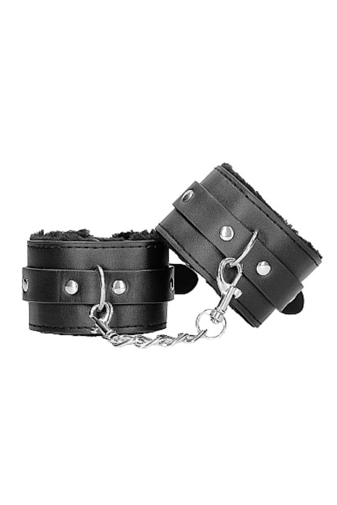 Ouch by Shots Toys - Black & White - Plush Adjustable Bonded Leather Wrist Cuffs - Black - Stag Shop