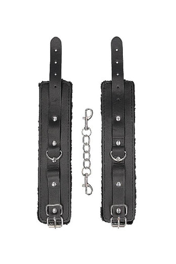 Ouch by Shots Toys - Black & White - Plush Adjustable Bonded Leather Wrist Cuffs - Black - Stag Shop