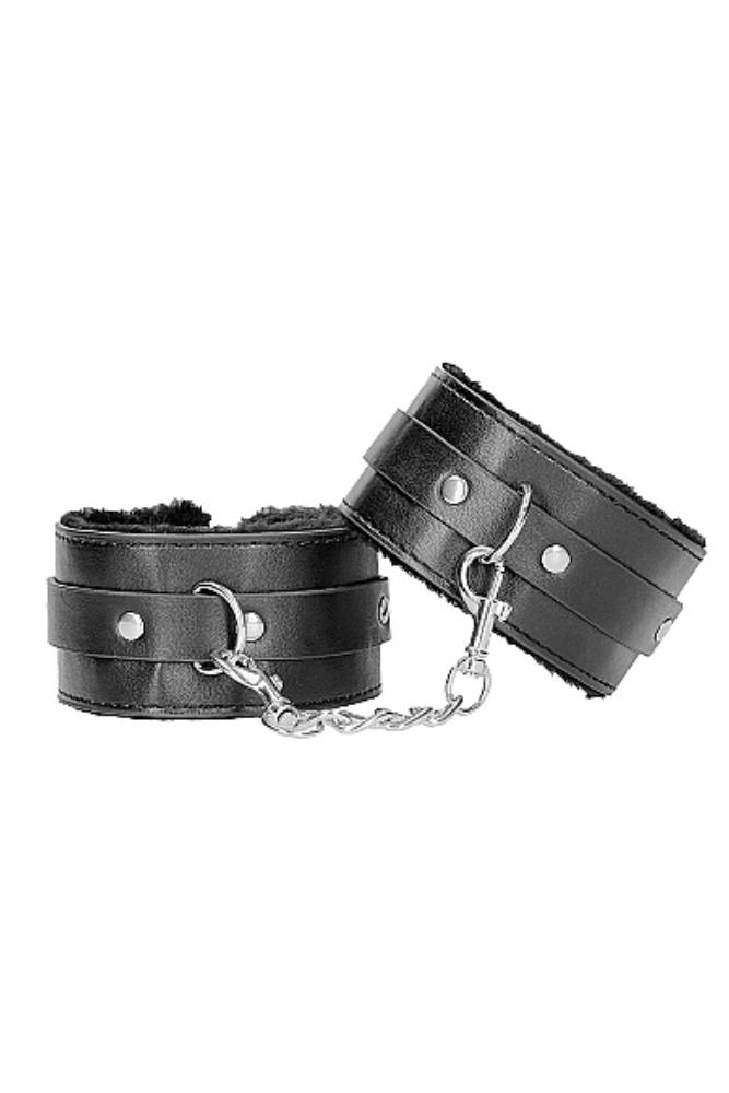 Ouch by Shots Toys - Black & White - Plush Adjustable Bonded Leather Ankle Cuffs - Black - Stag Shop