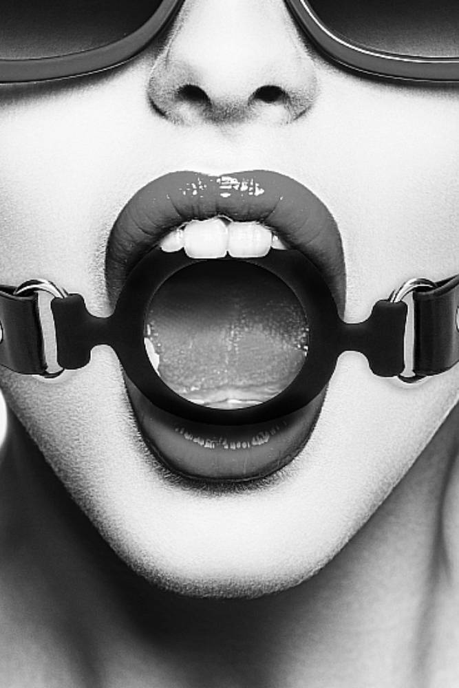 Ouch by Shots Toys - Black & White - Silicone Ring Gag with Adjustable Bonded Leather Straps - Black - Stag Shop