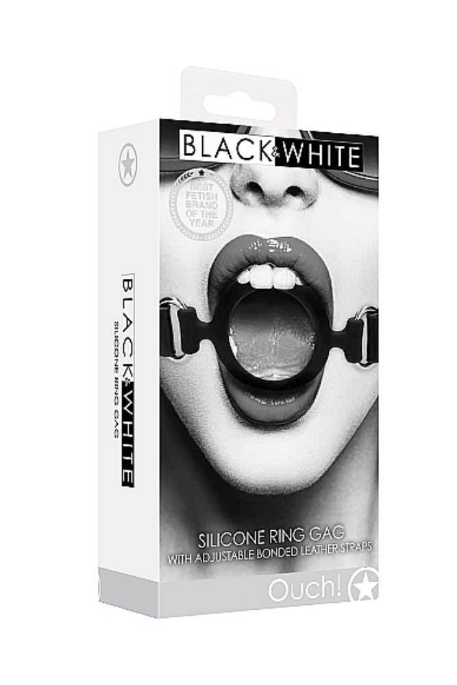 Ouch by Shots Toys - Black & White - Silicone Ring Gag with Adjustable Bonded Leather Straps - Black - Stag Shop